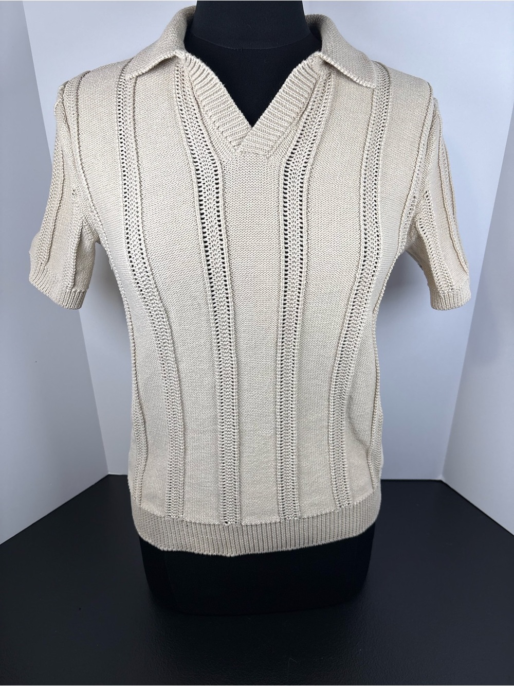Women's Cream Short-Sleeve Knit Polo Sweater Top